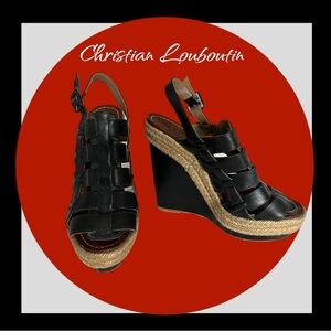 CHRISTIAN LOUBOUTIN black leather wedge shoes sandals 37-7